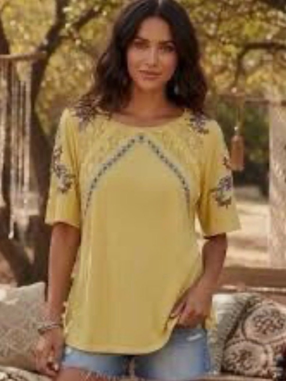 Sundance “Splendor in Bloom" Embroidered Yellow Short-Sleeve Top Size Large